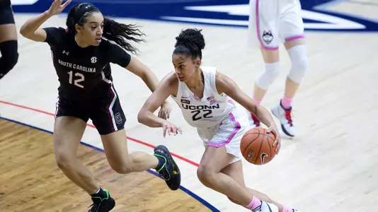 Evina Westbrook drives it against South Carolina on February 8, 2021.