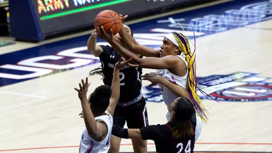 Aaliyah Edwards fights for a rebound against South Carolina on February 8, 2021.