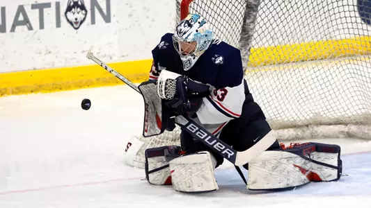 Tomas Vomacka makes a save during the Hockey East Quarterfinal matchup against Providence on March 14, 2021.