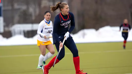 Claire Jandewerth looks upfield Sophie Hamilton controls the ball against Hofstra on February 13, 2021.