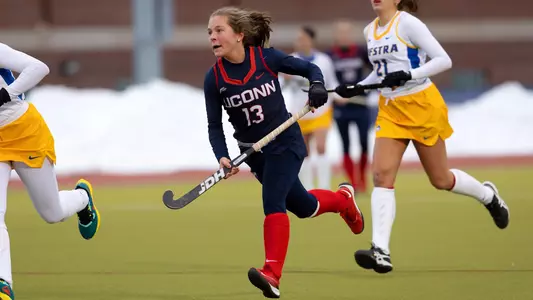Morgan Kaufmann looks upfield Sophie Hamilton controls the ball against Hofstra on February 13, 2021.