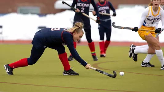 Erica Solomen strikes a shot Sophie Hamilton controls the ball against Hofstra on February 13, 2021.