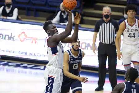Adama Sanogo rises for the shot in the game against Georgetown at Gampel Pavilion on March 6th 2021
