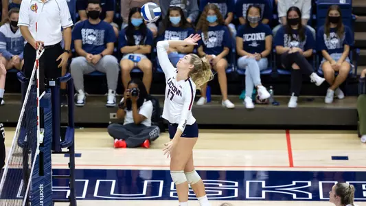 Allie Garland about to strike the ball on an attack