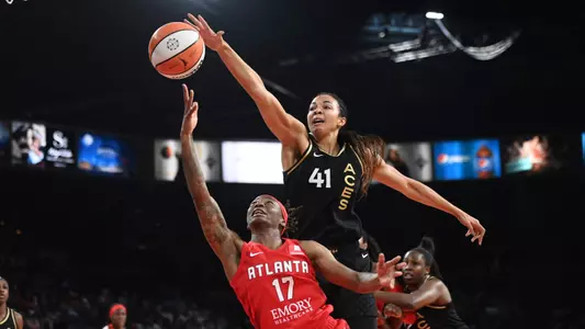 LAS VEGAS, NV - AUGUST 9: Erica Wheeler #17 of the Atlanta Dream shoots the ball during the game against the Las Vegas Aces on August 9, 2022 at Michelob ULTRA Arena in Las Vegas, Nevada. NOTE TO USER: User expressly acknowledges and agrees that, by downloading and or using this photograph, User is consenting to the terms and conditions of the Getty Images License Agreement. Mandatory Copyright Notice: Copyright 2022 NBAE (Photo by David Becker/NBAE via Getty Images)