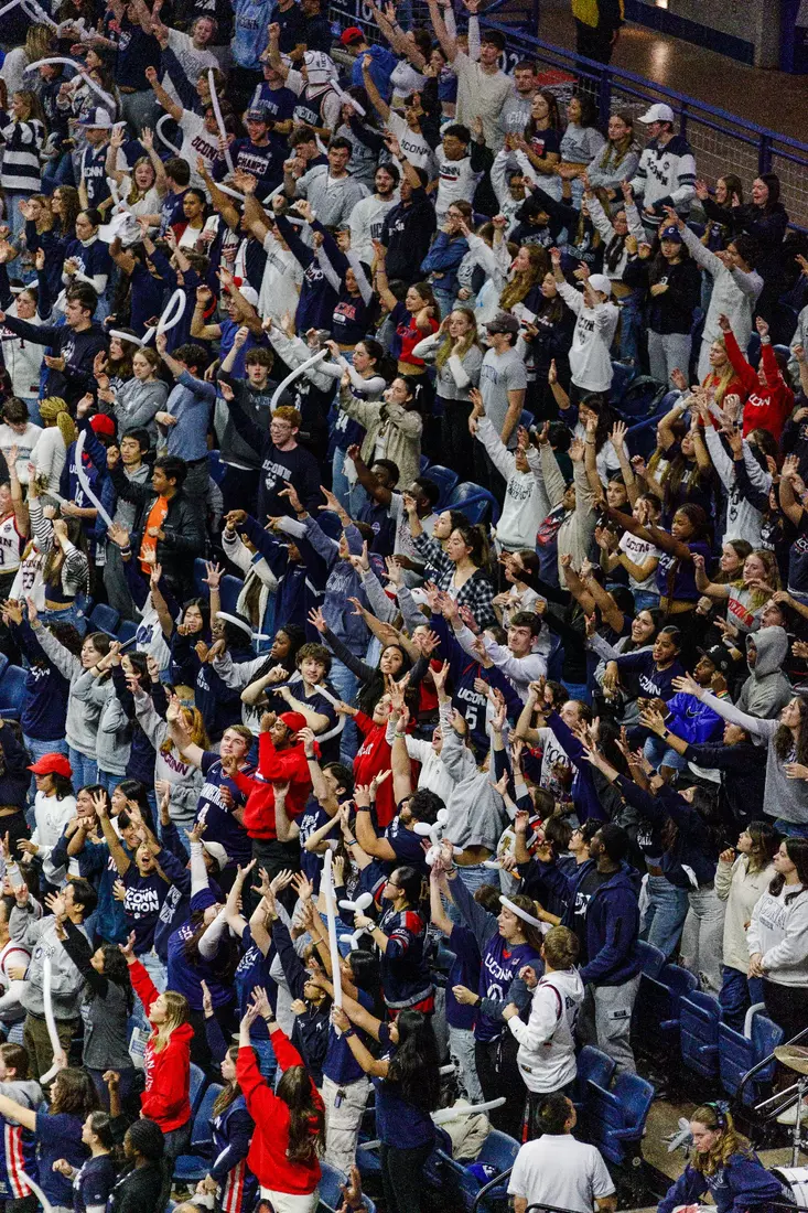 The student section cheers wildly as No. 8 UConn women's basketball defeats No. 20 Maryland in Gampel Pavilion.