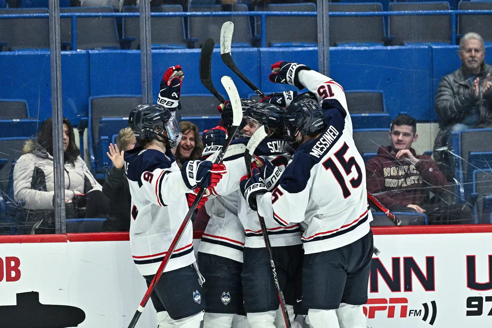 A goal celebration at the XL Center.