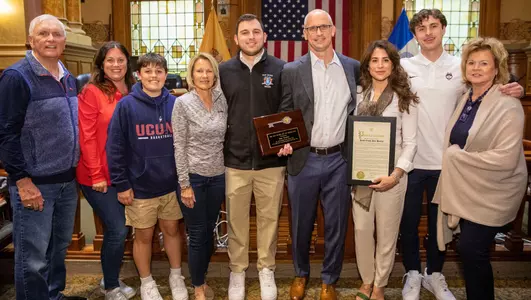 Mayor Steven M. Fulop celebrates Jersey City native Dan Hurley’s success as the UConn Huskies Men’s Basketball Head Coach by presenting him with a Key to the City during a ceremony inside City Hall on April 25. Before leading the UConn team in the 2023 NCAA Division I Championship, Hurley was born and raised in Jersey City where he launched his historic basketball career as an outstanding player at St. Anthony’s High School. During his high school basketball career, he led the team to a 31-1 record. Photo by Jennifer Brown/City of Jersey City
Hurley family