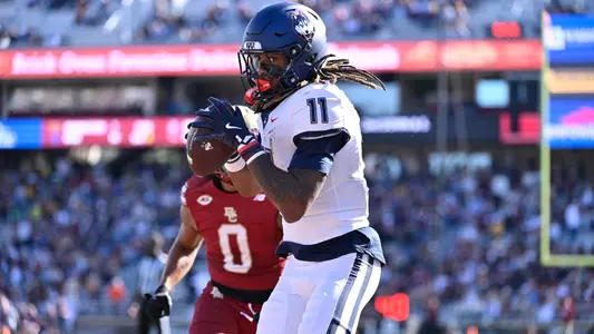 Oct 18, 2025; Chestnut Hill, Massachusetts, USA; Second half game action UConn vs Boston College at Alumni Stadium. Mandatory Credit: Eric Canha-Imagn Images