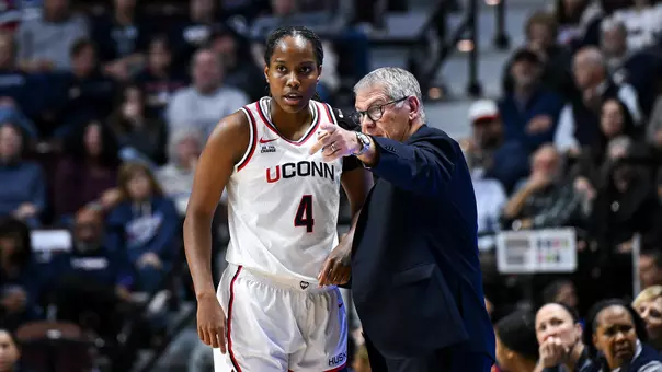 UNCASVILLE, Conn - November 23 - , Geno Auriemma of the UConn Huskies, Azzi Fudd #35 of the UConn Huskies, Blanca Quinonez #4 of the UConn Huskies against the Utah Utes at Mohegan Sun Arena in Uncasville, CT.
Photo by Simon Asher