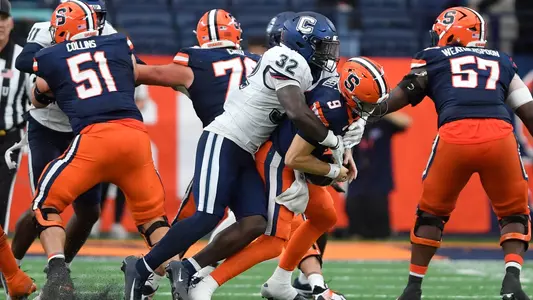 Connecticut linebacker Oumar Diomande (32) during an NCAA football game against Syracuse on Saturday, Sept. 6, 2025 in Syracuse, N.Y.