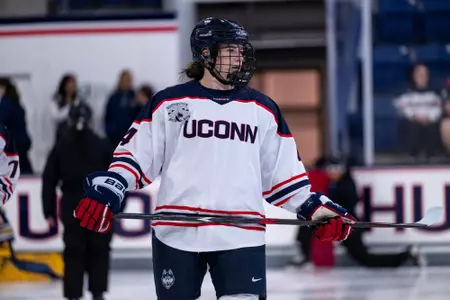 STORRS, CONNECTICUT - September 19 - Teagan Vaughan #4 in the game against the Quinnipiac Bobcats at the Toscano Family Ice Forum on September 19 in Storrs, Connecticut.
Photo by Simon Asher