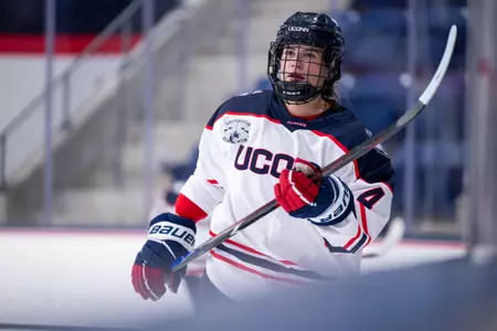 STORRS, CONNECTICUT - October 02 - Teagan Vaughan #4 in the game against the Clarkson Golden Knights at the Toscano Family Ice Forum on October 02 in Storrs, Connecticut.
Photo by Simon Asher