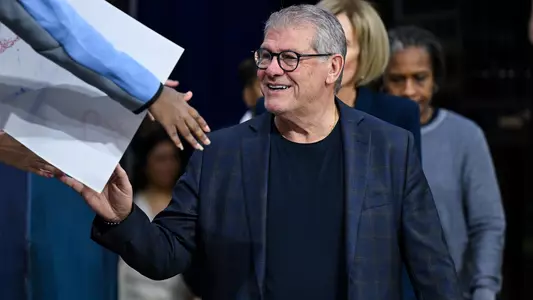 MILWAUKEE, WI - February 14 - Geno Auriemma of the UConn Huskies during the game between the UConn Huskies and the Marquette Golden Eagles at Al McGuire Center on February 14 in Milwaukee, Wisconsin.
Photo by Simon Asher