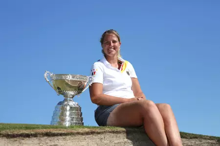 SOUTHPORT, ENGLAND - JUNE 30: Leonie Harm of Germany with the trophy after winning the final on day five of The Ladies' British Open Amateur Championship at Hillside Golf Club on June 30, 2018 in Southport, England. (Photo by Julian Herbert/R&A/R&A via Getty Images)