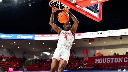 December 03, 2021 :   During a game between the Bryant Bulldogs and the Houston Cougars at Fertitta Center in Houston, Texas.     (Mandatory Credit:  Maria Lysaker | UH Athletics)