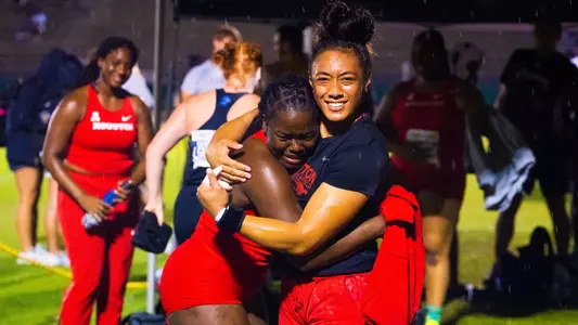 Nuuausala Tuilefano and Daisy Monie celebrate at American Athletic Conference Championships