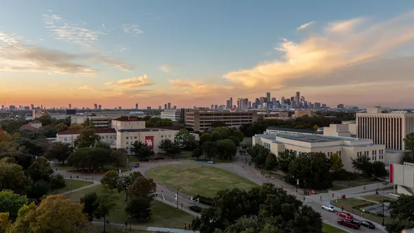 University of Houston campus with Houston skyline