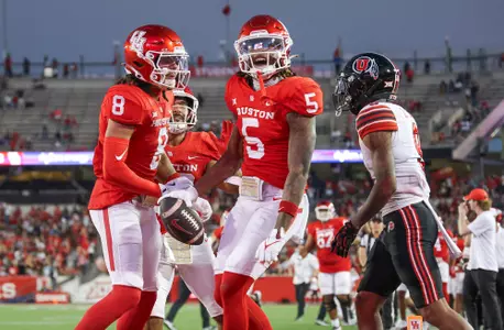 Oct 26, 2024; Houston, Texas, USA; Houston Cougars wide receiver Stephon Johnson (5) celebrates after a touchdown reception during the second quarter against the Utah Utes at TDECU Stadium. Mandatory Credit: Troy Taormina-Imagn Images