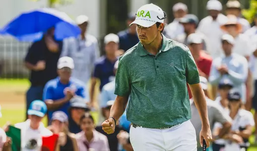Santiago De la Fuente of Mexico reacts on the No. 16 green during the final round of the 2024 Latin America Amateur Championship at the Santa María Golf Club in Panamá on Sunday, January 21, 2024. Photograph by LAAC.