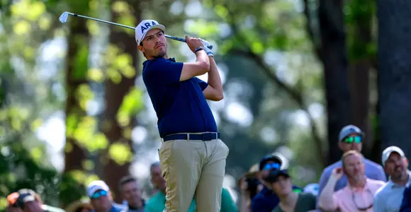 Amateur Santiago de la Fuente of Mexico plays a stroke from the No. 4 tee during practice round 1 prior to the start of the 2024 Masters Tournament at Augusta National Golf Club, Monday, April 8, 2024.