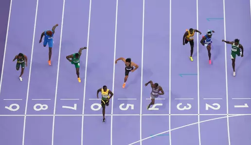 Finish line men's 100m semifinal Paris 2024 Olympic Summer Games at Stade de France. Mandatory Credit: James Lang-USA TODAY Sports