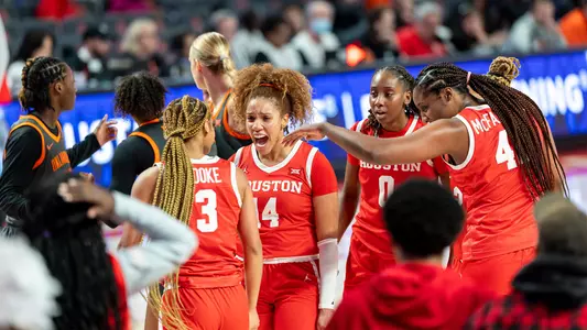 Women's Basketball celebrating victory against #24 Oklahoma State (Jan. 14)