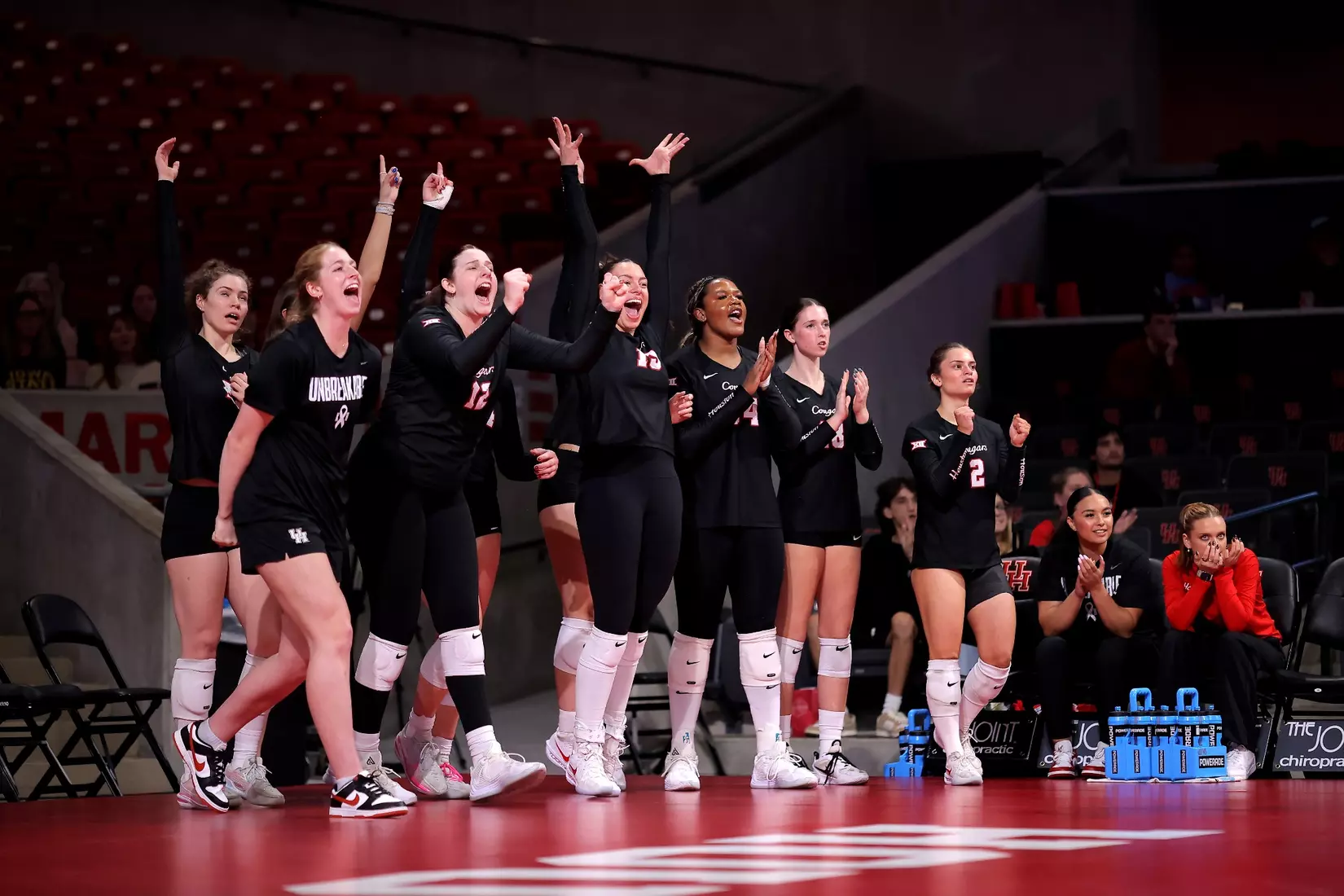 Houston's bench cheers and celebrates after winning a point.