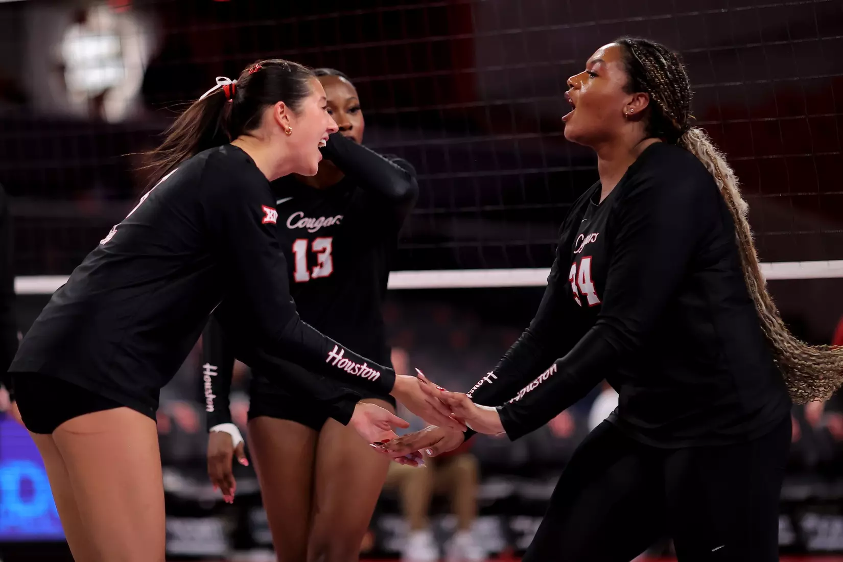Aubrey Sears and Tara Greenberry celebrate together after a point.