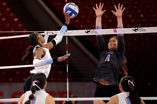 Senior outside hitter Brenya Reid goes for an attack against Kansas State (11/19/25)