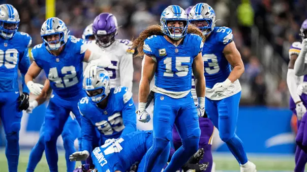 Detroit Lions linebacker Grant Stuard (15) celebrates a tackle against Minnesota Vikings during the first half at Ford Field in Detroit on Sunday, November 2, 2025.