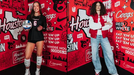 Kalei Edson and Kamille Gibson stand during photoshoots after signing with Houston Volleyball.