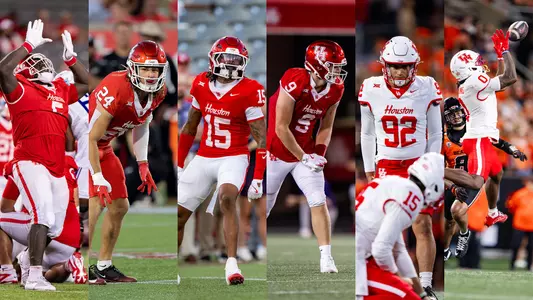 All Texas Team Collage six Cougar athletes Carlos Allen Jr., Wrook Brown, Will James, Tanner Koziol, Ethan Sanchez and Amare Thomas