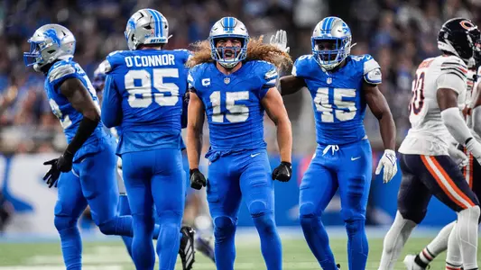 Detroit Lions linebacker Grant Stuard (15) celebrates a play against Chicago Bears during the second half at Ford Field in Detroit on Sunday, Sept. 14, 2025.