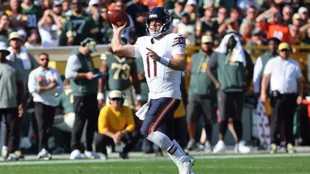 Oct 11, 2026; Green Bay, Wisconsin, USA; Chicago Bears quarterback Case Keenum (11) passes the ball against the Green Bay Packers during the fourth quarter at Lambeau Field. Mandatory Credit: Mike Dinovo-Imagn Images
