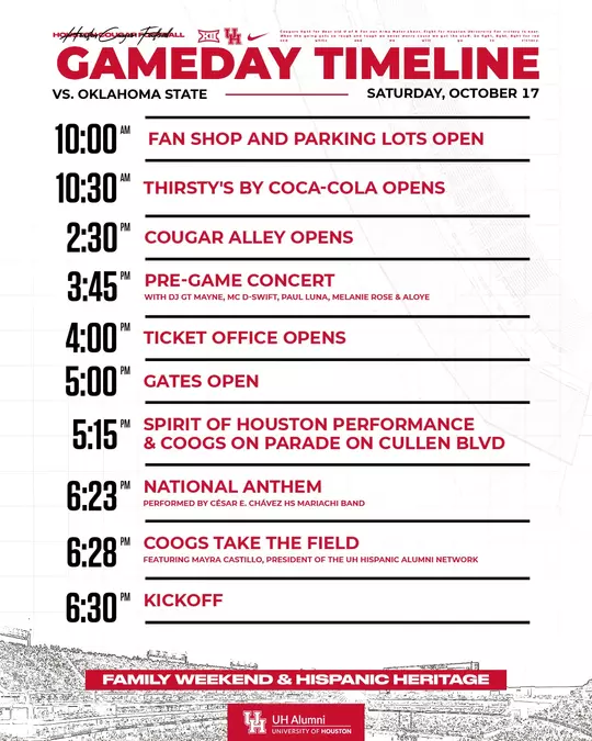 Houston Football's Gameday Timeline against Oklahoma State on Oct. 17, 2026. 10 a.m. Fan Shop and parking lots open. 10:30 a.m. Thirsty's by Coca-Cola opens. 2:30 p.m. Cougar Alley opens. 3:45 p.m. Pregame concert featuring DJ GT Mayne, MC D-Swift, Paul Luna, Melanie Rose and Aloye starts. 4 p.m. ticket office opens. 5 p.m. gates open. 5:15 p.m. Coogs on Parade on Cullen Blvd. 6:23 p.m. National Anthem 6:28 p.m. Coogs take the field. 6:30 p.m. Kickoff.