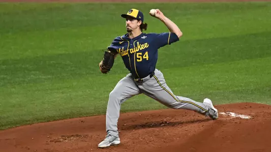 Oct 26, 2026; St. Petersburg, Florida, USA; Milwaukee Brewers pitcher Robert Gasser (54) throws a pitch against the Tampa Bay Rays during the first inning in game three of the 2026 World Series at Tropicana Field. Mandatory Credit: Jonathan Dyer-Imagn Images