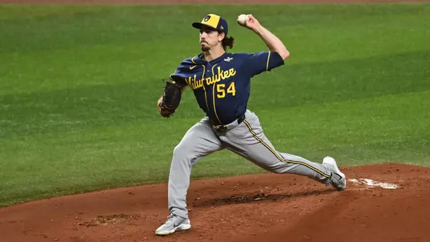 Oct 26, 2026; St. Petersburg, Florida, USA; Milwaukee Brewers pitcher Robert Gasser (54) throws a pitch against the Tampa Bay Rays during the first inning in game three of the 2026 World Series at Tropicana Field. Mandatory Credit: Jonathan Dyer-Imagn Images