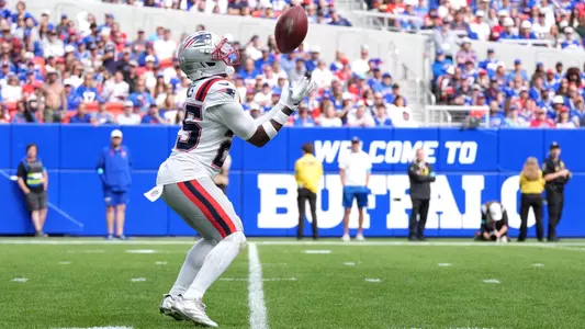 Oct 4, 2026; Orchard Park, New York, USA; New England Patriots cornerback Marcus Jones (25) returns a punt during the third quarter against the Buffalo Bills at New Highmark Stadium. Mandatory Credit: Gregory Fisher-Imagn Images