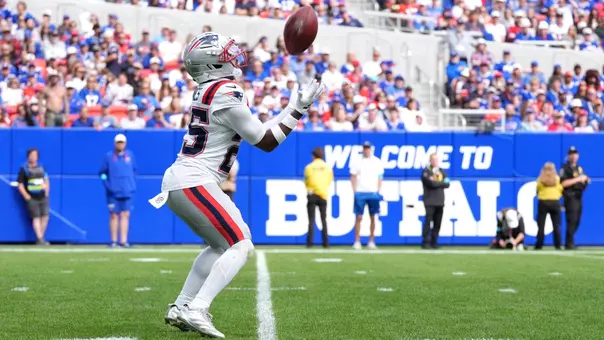 Oct 4, 2026; Orchard Park, New York, USA; New England Patriots cornerback Marcus Jones (25) returns a punt during the third quarter against the Buffalo Bills at New Highmark Stadium. Mandatory Credit: Gregory Fisher-Imagn Images