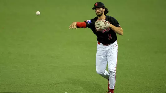 Carter Sintek throws a ball to first base.
