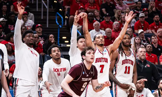Milos Uzan and the COugars watch his 3-point attempt during NCAA Tournament South Region Second Round vs. Texas A&M