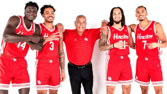 Kalifa Sakho, Ramon Walker Jr., Kelvin Sampson, Emanuel Sharp, Milos Uzan, Seniors, posting in front of white background
