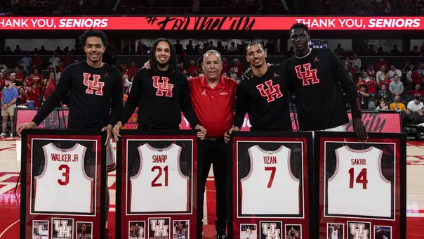 2026 Men's Basketball Seniors with coach Sampson