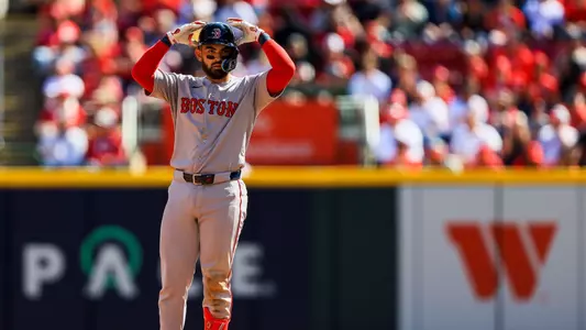 Mar 29, 2026; Cincinnati, Ohio, USA; Boston Red Sox catcher Connor Wong (12) reacts after hitting a double in the seventh inning against the Cincinnati Reds at Great American Ball Park. Mandatory Credit: Katie Stratman-Imagn Images