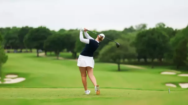 Moa Svedenskiöld tees off during Big 12 Championship First Round at Dallas Athletic Club