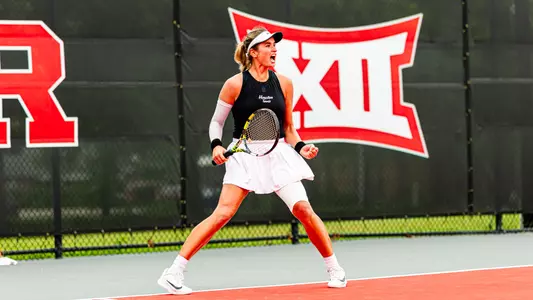 Petja Drame celebrates after winning her tennis match