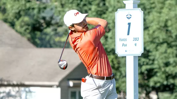 Hudson Weibel tees off during NCAA Bermuda Run Regional Final Round