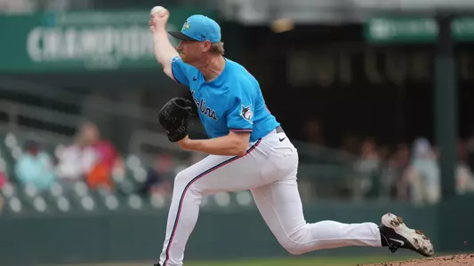 Mar 16, 2026; Jupiter, Florida, USA; Miami Marlins pitcher Josh Ekness (95) pitches in the third inning against the Toronto Blue Jays at Roger Dean Chevrolet Stadium. Mandatory Credit: Jim Rassol-Imagn Images