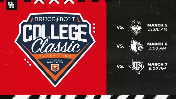 Houston Baseball to play at Bruce Bolt Collegiate Classic. Cougars will play UConn at 11 a.m. on March 5, Louisville at 3 p.m. on March 6, and Texas A&M at 6 p.m. on March 7.